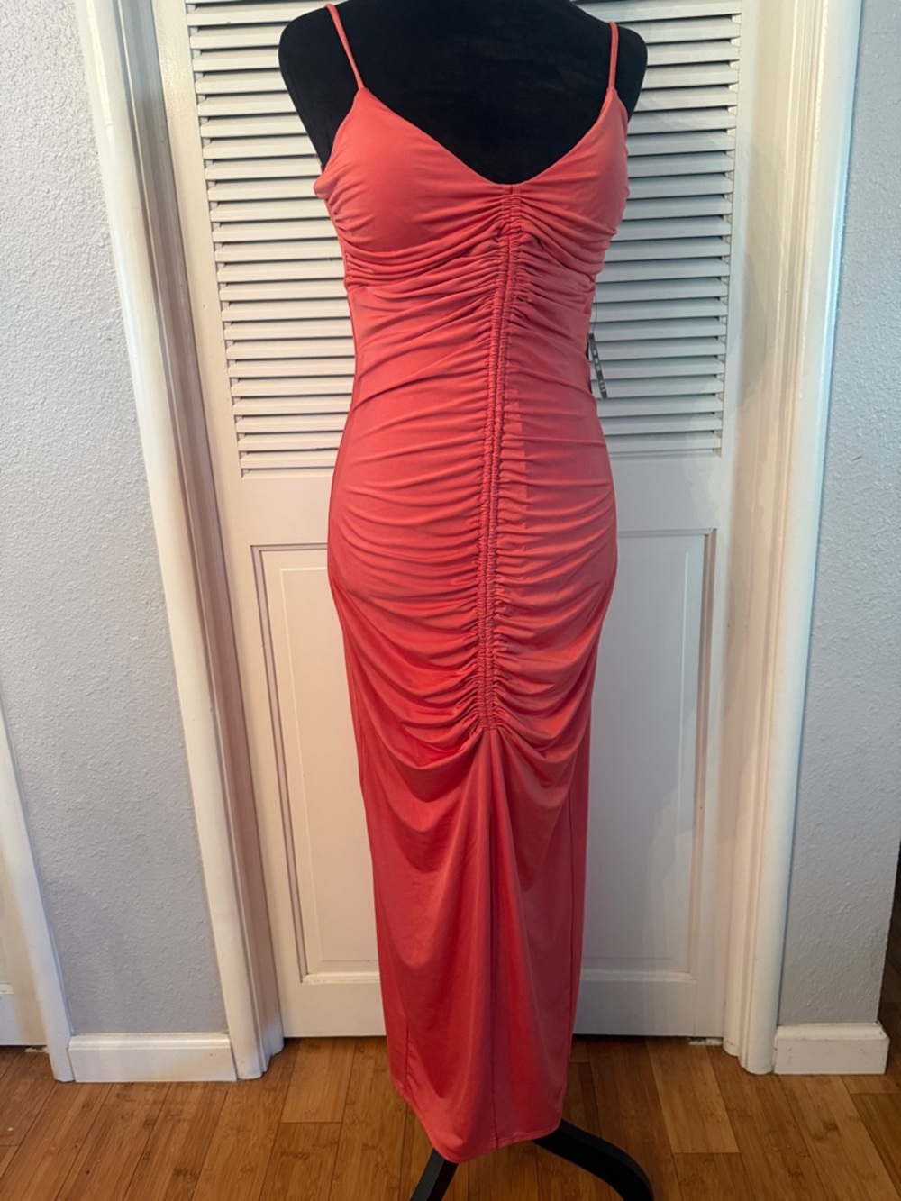 Express Coral Ruched Maxi Dress with Spaghetti Straps
